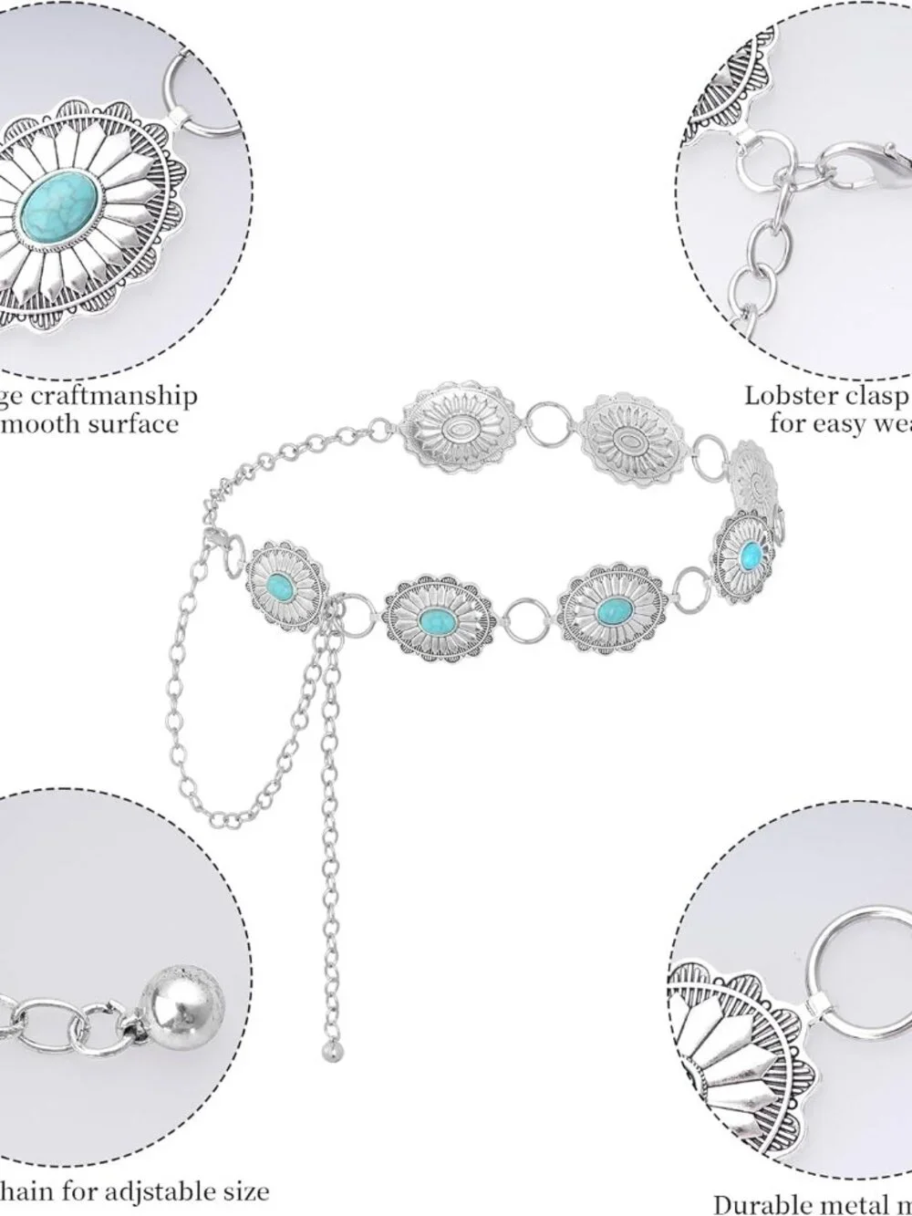 Turquoise Western Concho Chain Belt for Women Cowgirl Cowboy Metal Waist Link Ch - Picture 3 of 6